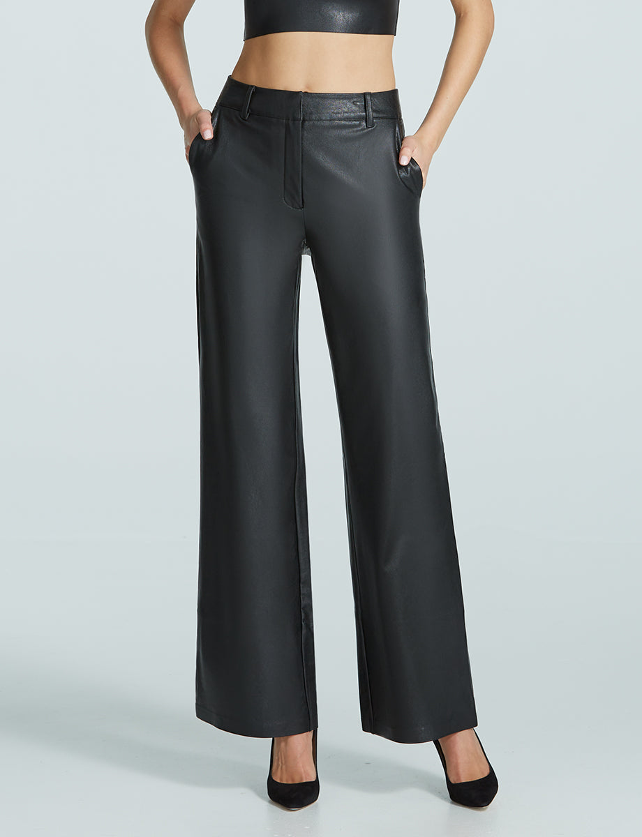 Wide-leg high-waisted faux leather pants