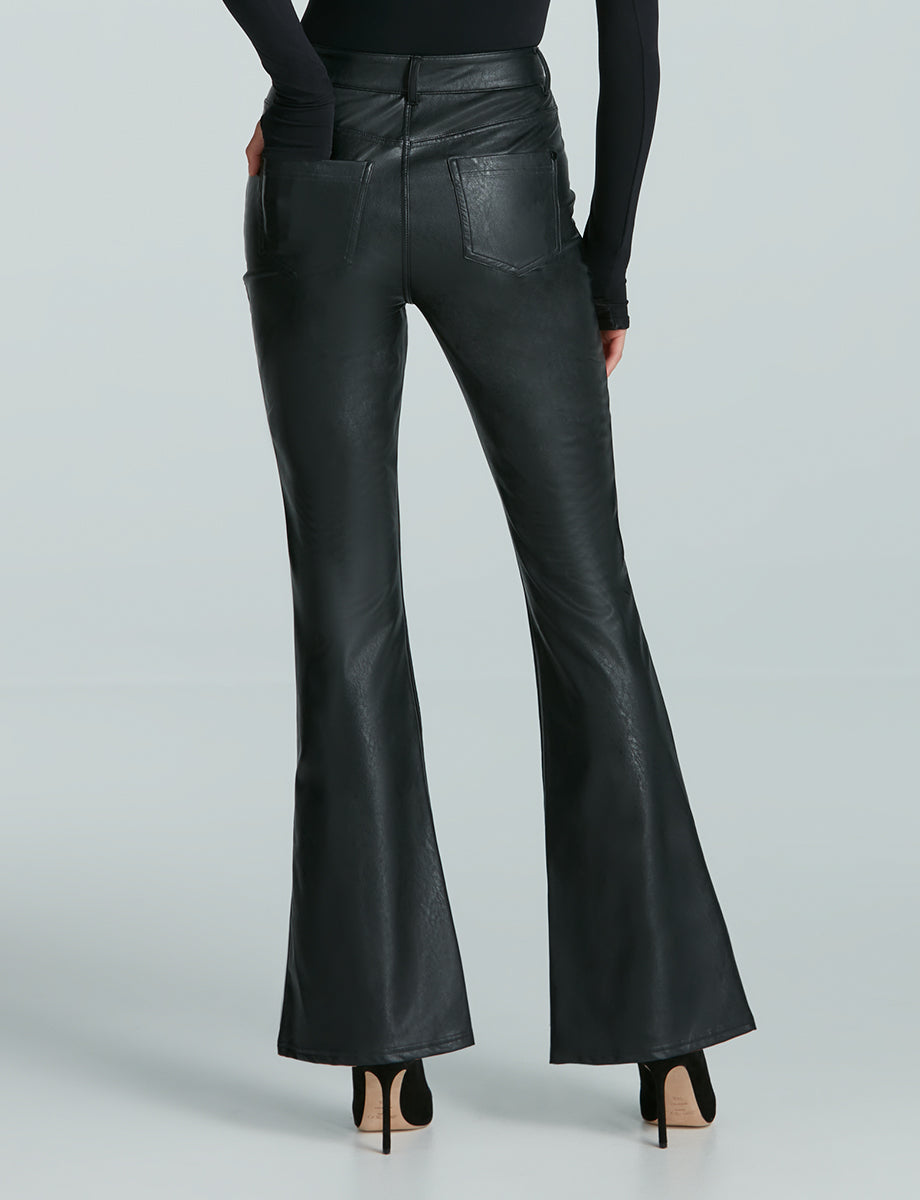 Black faux leather trousers with zippers and back pockets