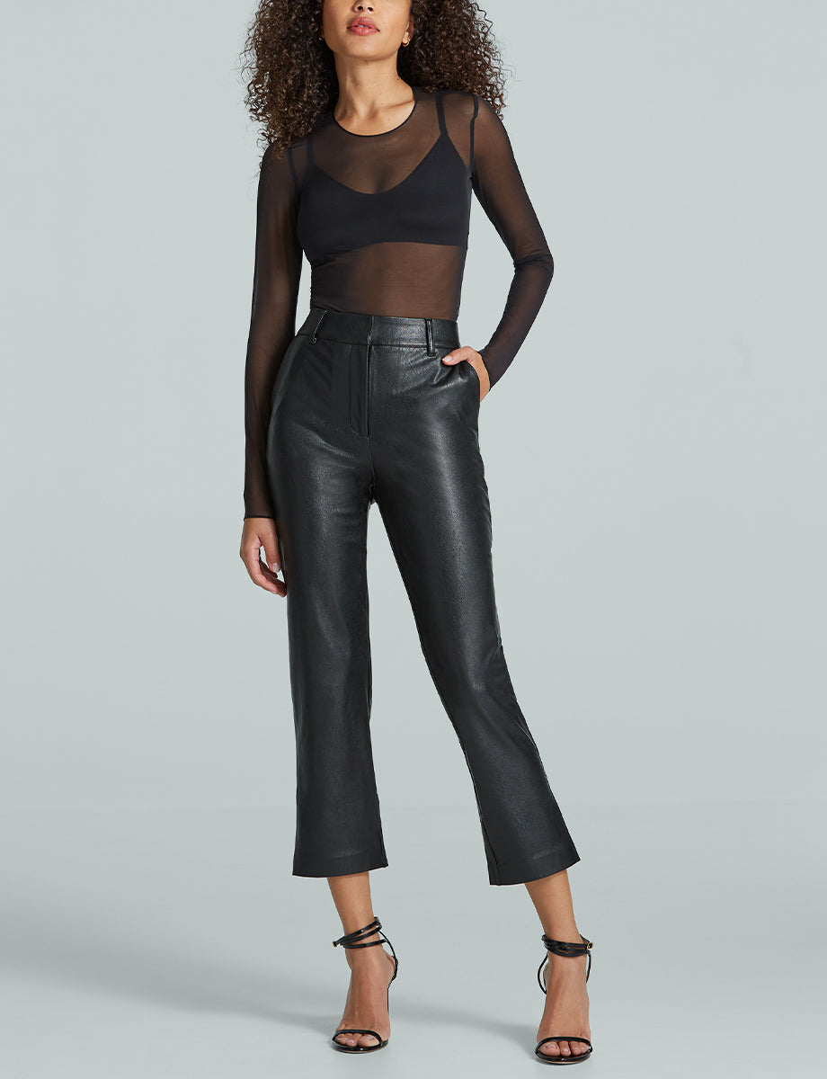 Long Sleeve Gathered Mesh Cropped Top Black