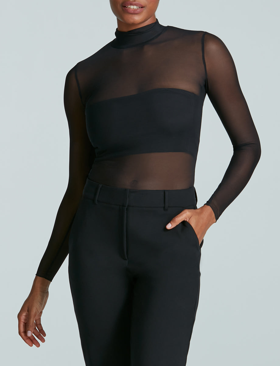 Black Sheer Mesh Turtleneck Long Sleeve Bodysuit
