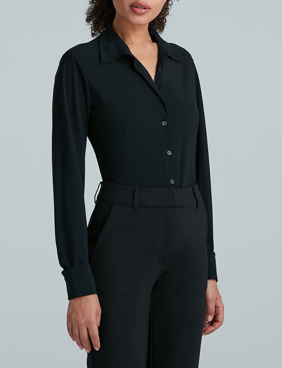 Womens Short Sleeve Bodysuit Button Crotch Turn-down Collar Business Top  Shirt