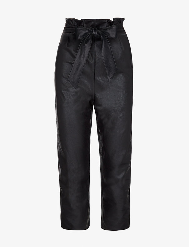 Black faux leather paperbag waist trousers fashion