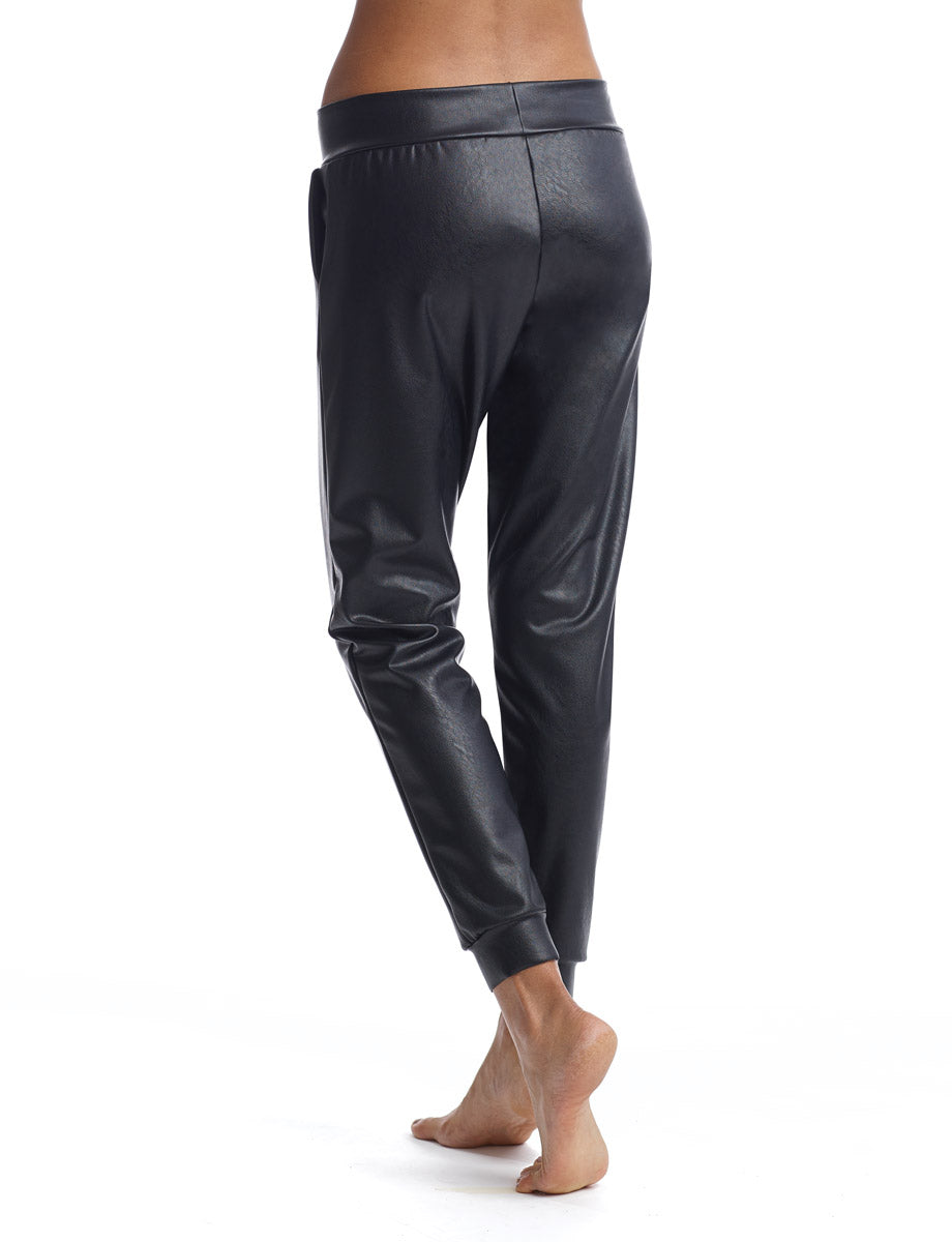 Vegan Leather Quilted Joggers - Black